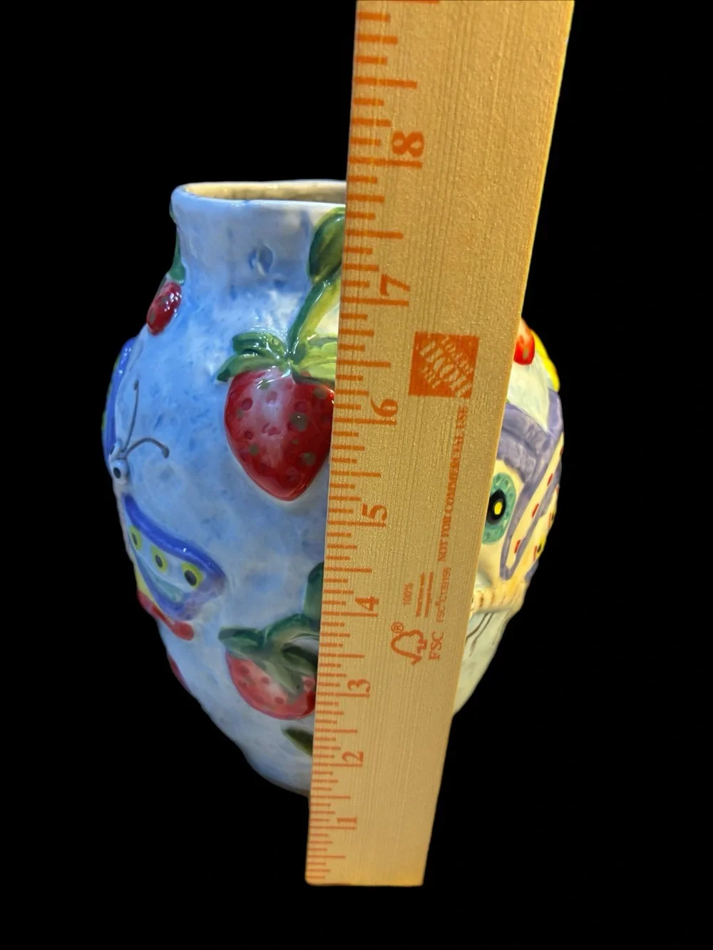 Anthropologie White Vase with Multicolor Floral and Strawberry Motif